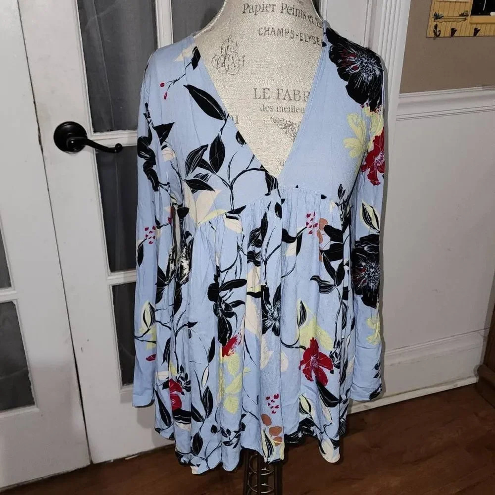 Free People Womens Blue Floral Bella Tunic Top/Dress Small